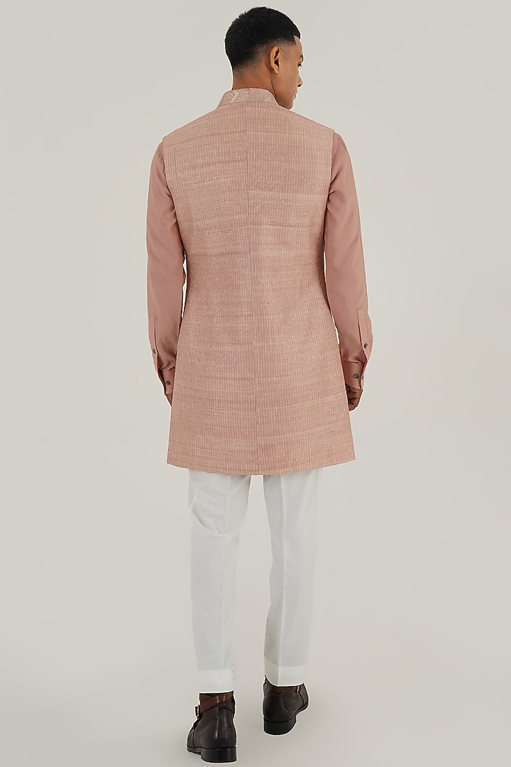 Onion Pink Silk Thread Embroidered Nehru Jacket by Dhruv Vaish at Pernia's Pop Up Shop
