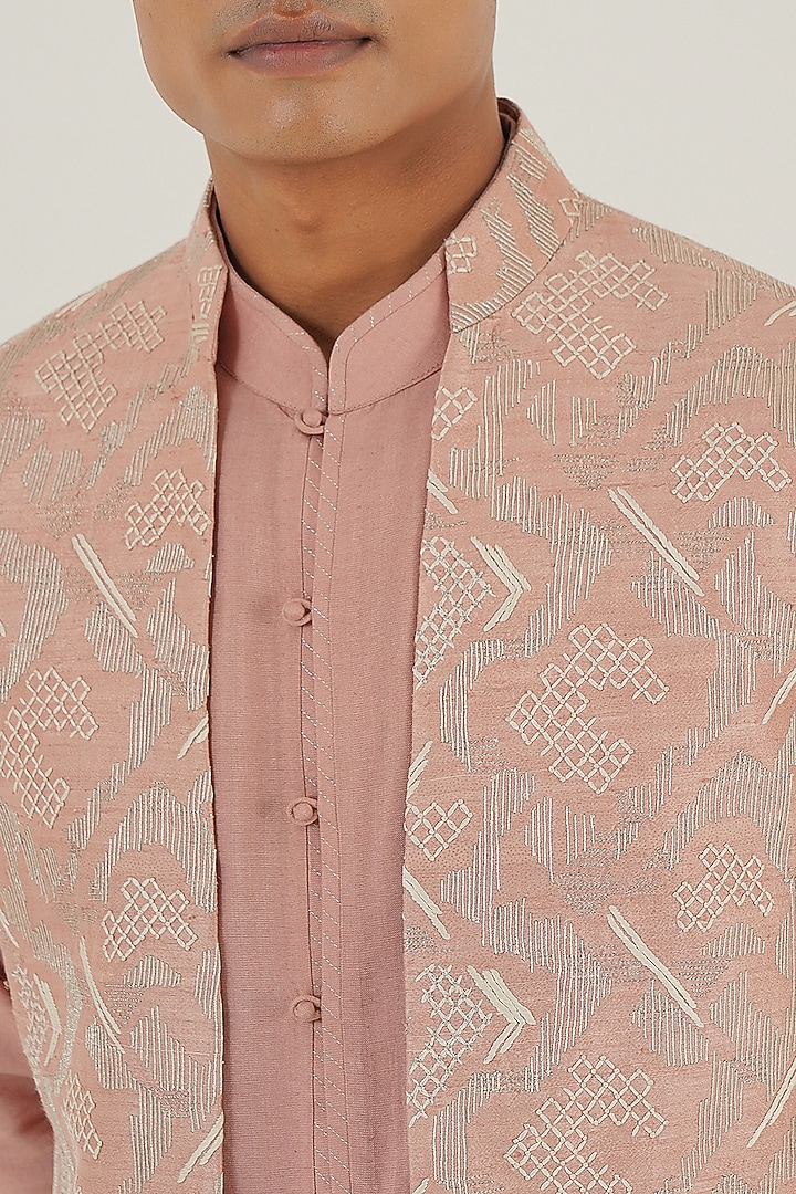 Onion Pink Silk Thread Embroidered Nehru Jacket by Dhruv Vaish at Pernia's Pop Up Shop