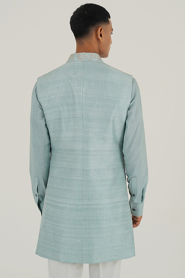 Powder Blue Silk Thread Embroidered Nehru Jacket by Dhruv Vaish at Pernia's Pop Up Shop