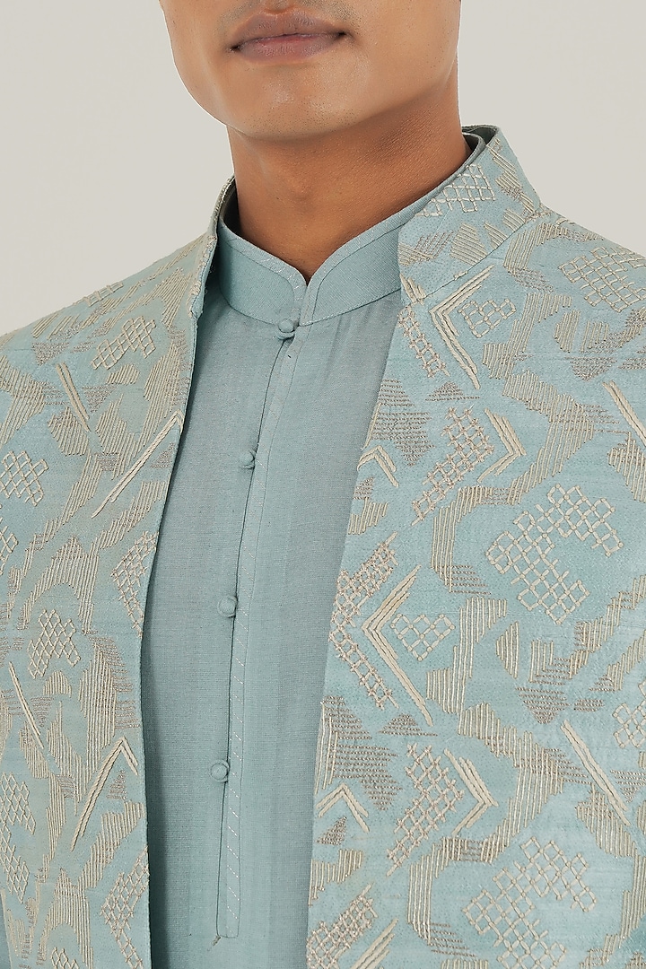 Powder Blue Silk Thread Embroidered Nehru Jacket by Dhruv Vaish at Pernia's Pop Up Shop
