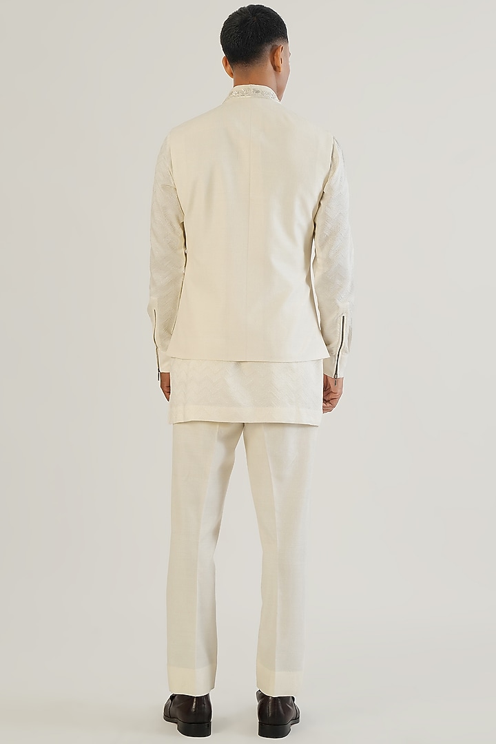Ivory Silk Floral Motifs Embroidered Nehru Jacket by Dhruv Vaish at Pernia's Pop Up Shop