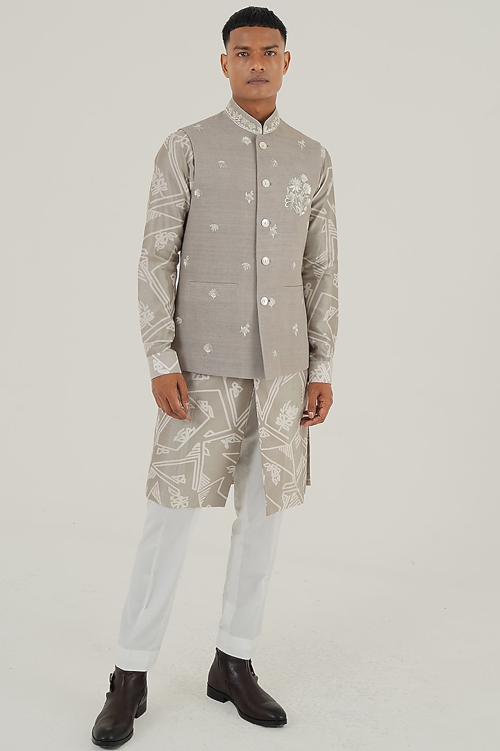 London Fog Silk Floral Motifs Embroidered Nehru Jacket by Dhruv Vaish