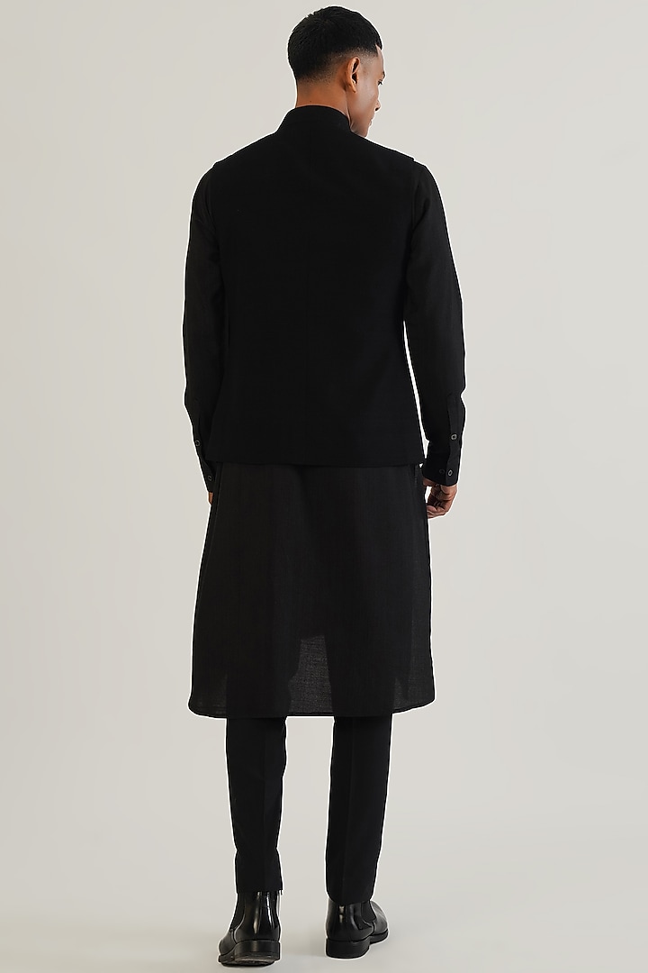Black Silk Motif Embroidered Nehru Jacket by Dhruv Vaish at Pernia's Pop Up Shop