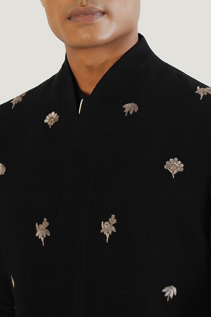 Black Silk Motif Embroidered Nehru Jacket by Dhruv Vaish at Pernia's Pop Up Shop