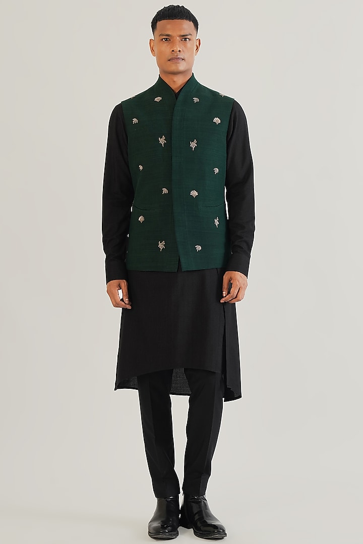 Bottle Green Silk Motif Embroidered Nehru Jacket by Dhruv Vaish at Pernia's Pop Up Shop