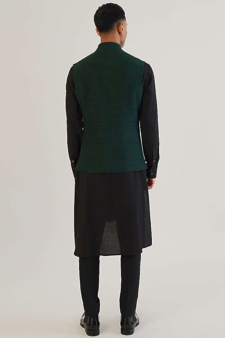 Bottle Green Silk Motif Embroidered Nehru Jacket by Dhruv Vaish at Pernia's Pop Up Shop