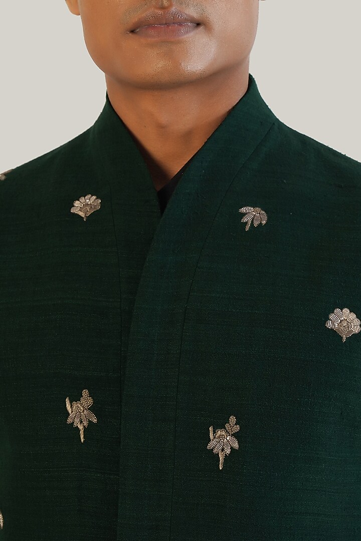 Bottle Green Silk Motif Embroidered Nehru Jacket by Dhruv Vaish at Pernia's Pop Up Shop