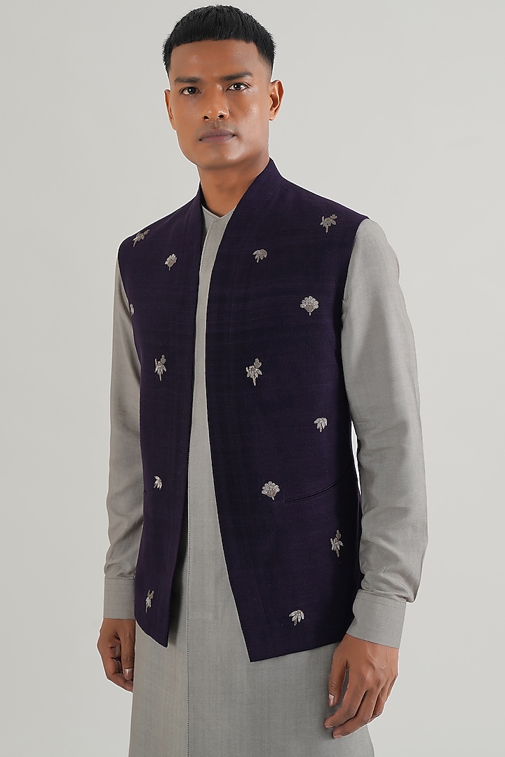 Midnight Purple Silk Motif Embroidered Nehru Jacket by Dhruv Vaish at Pernia's Pop Up Shop