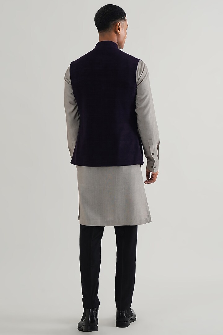 Midnight Purple Silk Motif Embroidered Nehru Jacket by Dhruv Vaish at Pernia's Pop Up Shop