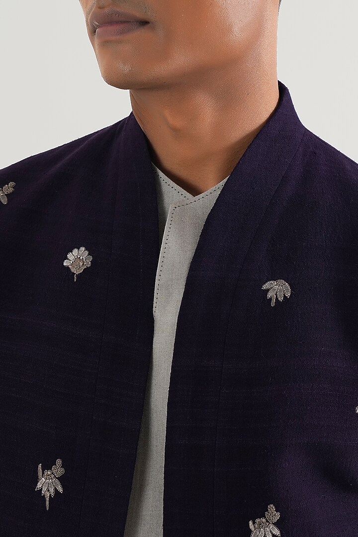 Midnight Purple Silk Motif Embroidered Nehru Jacket by Dhruv Vaish at Pernia's Pop Up Shop