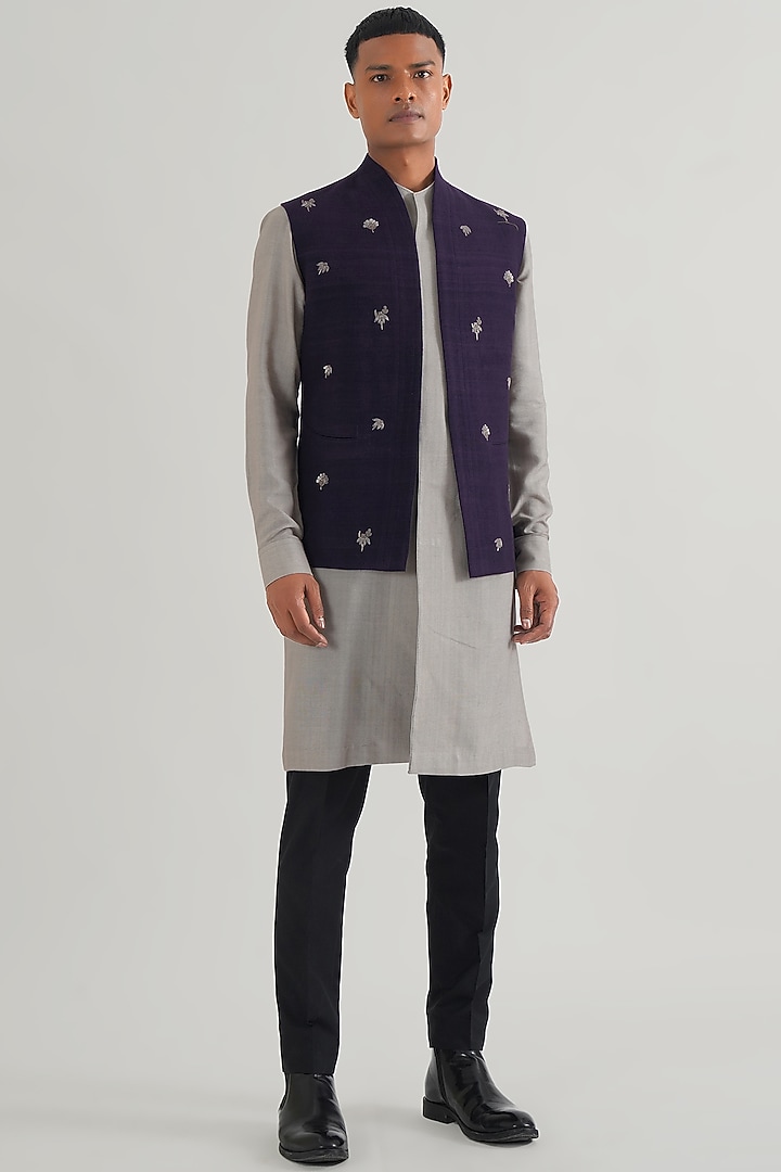 Midnight Purple Silk Motif Embroidered Nehru Jacket by Dhruv Vaish at Pernia's Pop Up Shop