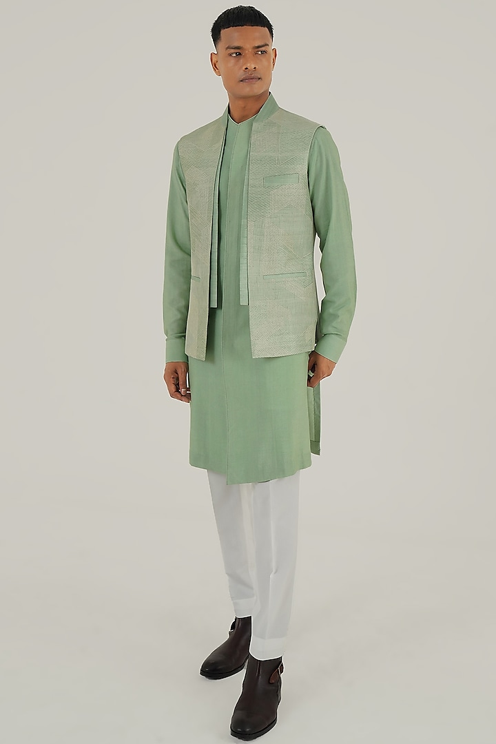 Jade Mist Silk Thread Embroidered Open-Nehru Jacket by Dhruv Vaish at Pernia's Pop Up Shop