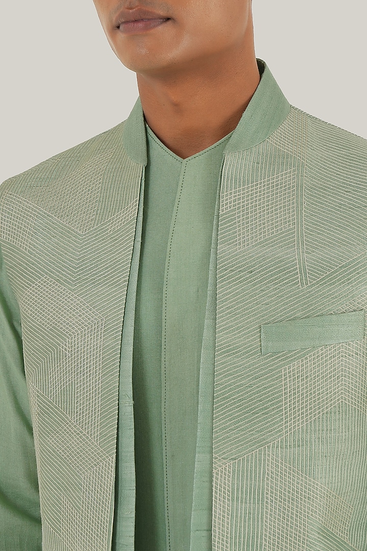 Jade Mist Silk Thread Embroidered Open-Nehru Jacket by Dhruv Vaish at Pernia's Pop Up Shop
