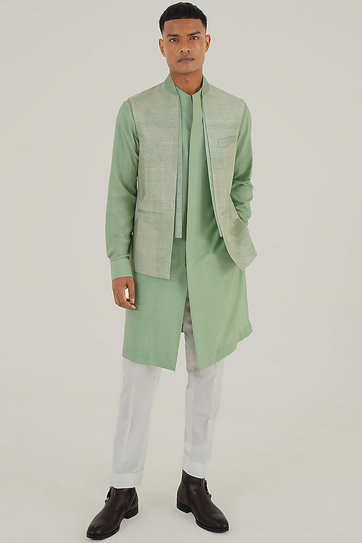 Jade Mist Silk Thread Embroidered Open-Nehru Jacket by Dhruv Vaish at Pernia's Pop Up Shop