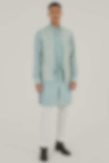 Powder Blue Silk Thread Embroidered Open-Nehru Jacket by Dhruv Vaish at Pernia's Pop Up Shop