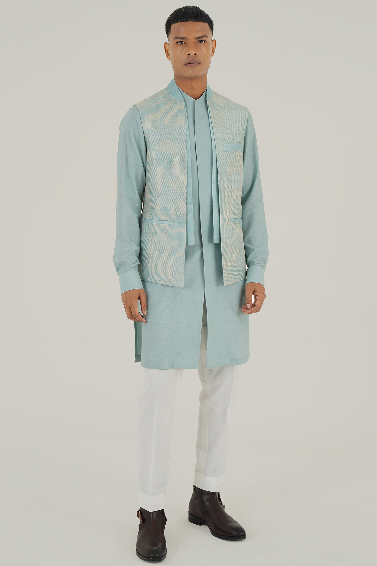 Powder Blue Silk Thread Embroidered Open-Nehru Jacket by Dhruv Vaish at Pernia's Pop Up Shop