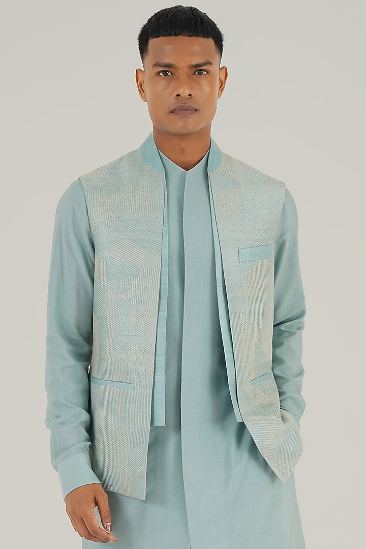 Powder Blue Silk Thread Embroidered Open-Nehru Jacket by Dhruv Vaish at Pernia's Pop Up Shop