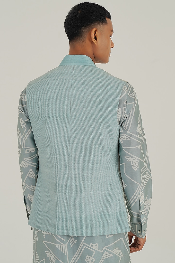 Powder Blue Silk Thread Embroidered Open-Nehru Jacket by Dhruv Vaish at Pernia's Pop Up Shop
