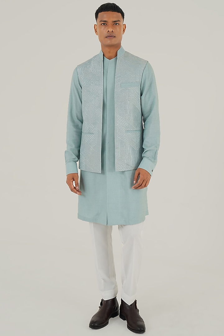 Powder Blue Silk Thread Embroidered Open-Nehru Jacket by Dhruv Vaish at Pernia's Pop Up Shop