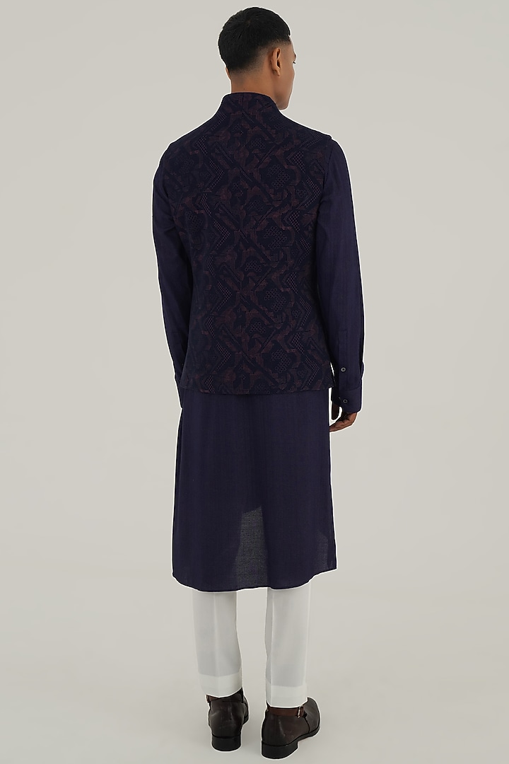 Navy Silk Criss-Cross Printed Nehru Jacket by Dhruv Vaish at Pernia's Pop Up Shop