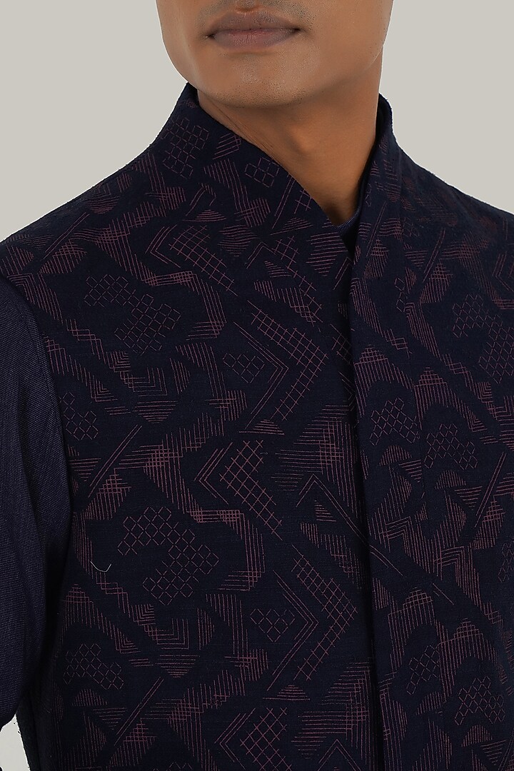 Navy Silk Criss-Cross Printed Nehru Jacket by Dhruv Vaish at Pernia's Pop Up Shop