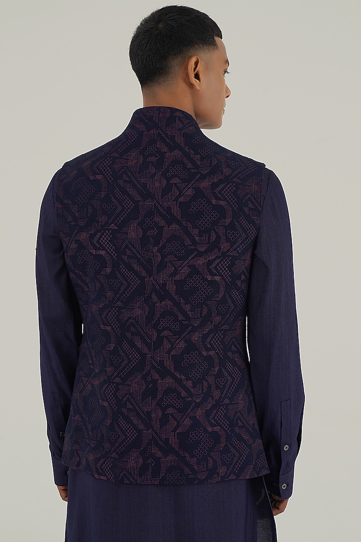 Navy Silk Criss-Cross Printed Nehru Jacket by Dhruv Vaish at Pernia's Pop Up Shop