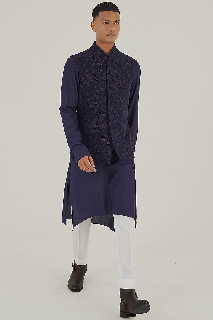 Navy Silk Criss-Cross Printed Nehru Jacket by Dhruv Vaish at Pernia's Pop Up Shop