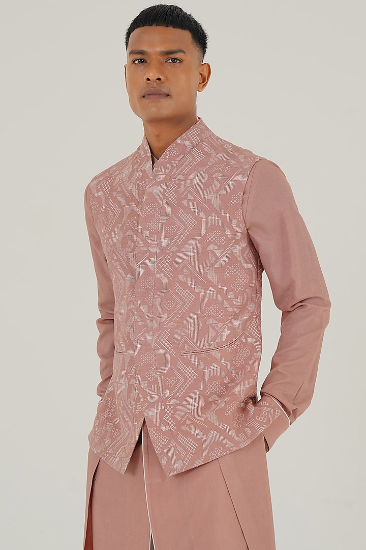 Onion Pink Silk Criss-Cross Printed Nehru Jacket by Dhruv Vaish at Pernia's Pop Up Shop