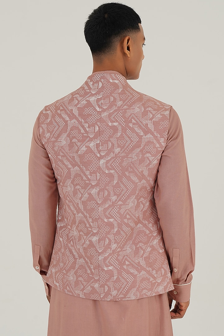 Onion Pink Silk Criss-Cross Printed Nehru Jacket by Dhruv Vaish at Pernia's Pop Up Shop