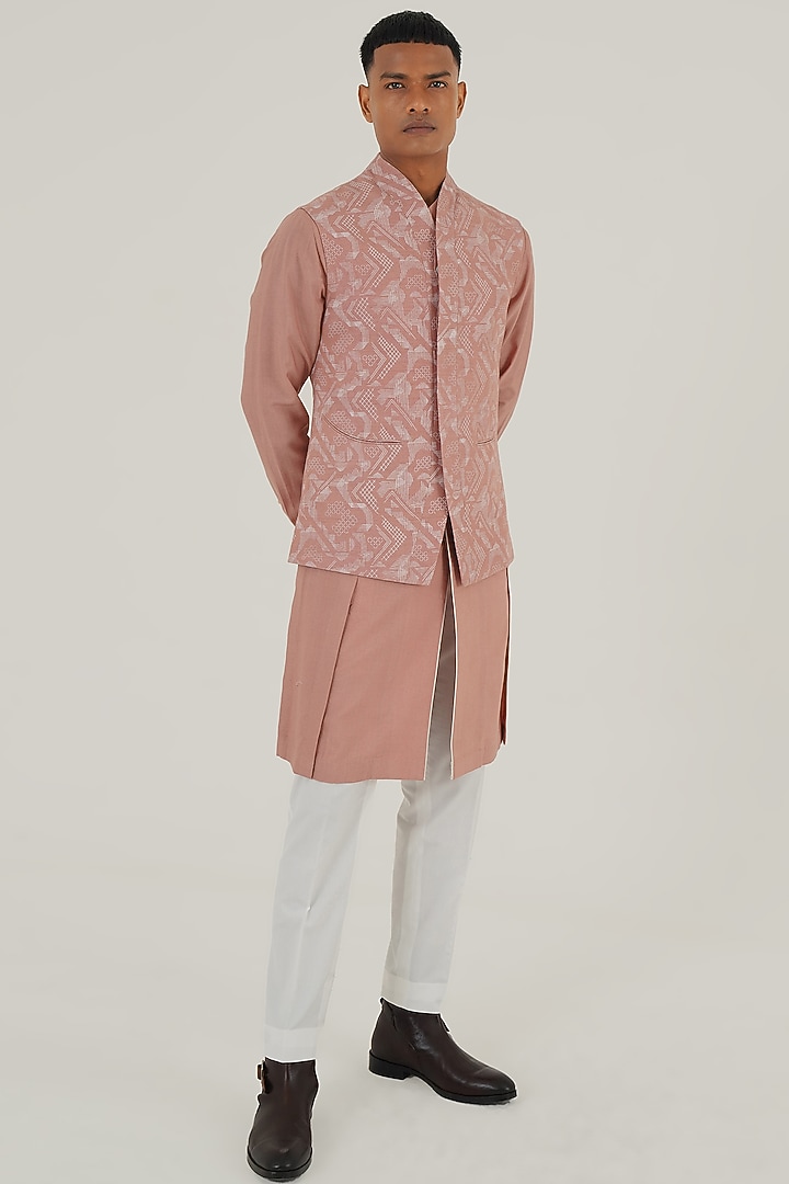 Onion Pink Silk Criss-Cross Printed Nehru Jacket by Dhruv Vaish at Pernia's Pop Up Shop