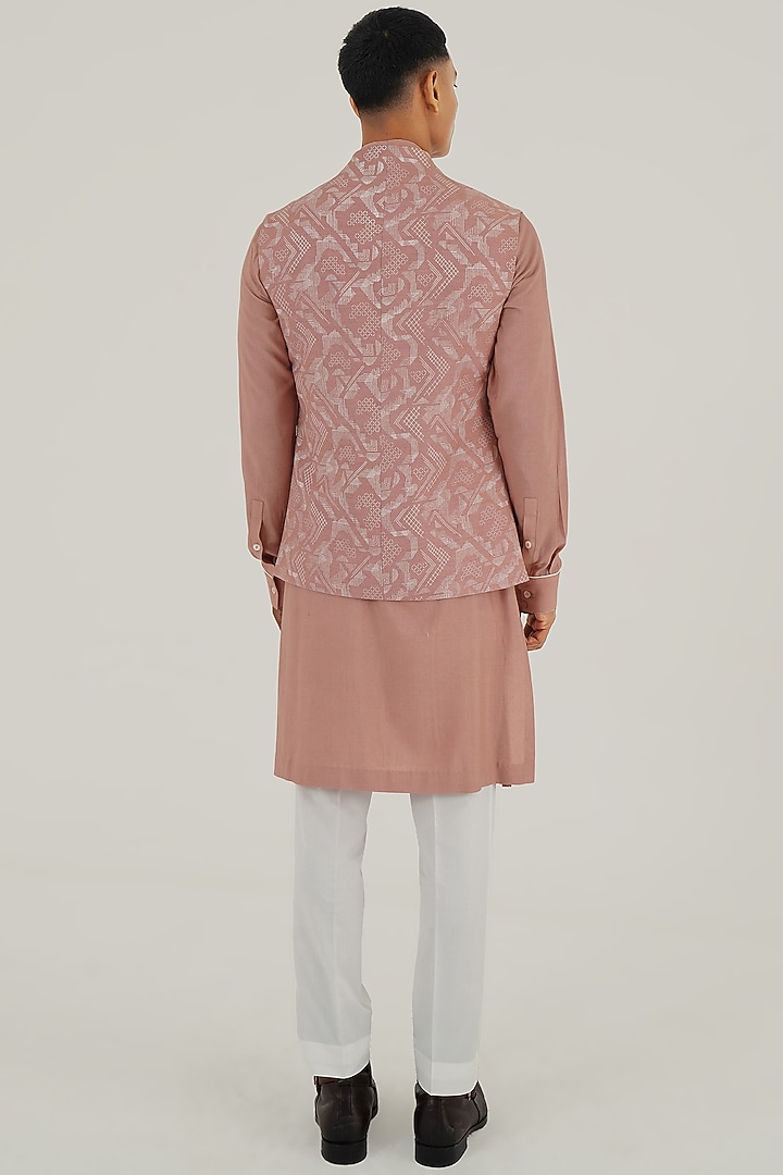 Onion Pink Silk Criss-Cross Printed Nehru Jacket by Dhruv Vaish at Pernia's Pop Up Shop