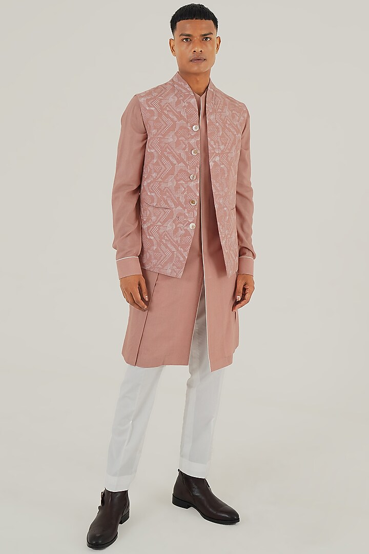 Onion Pink Silk Criss-Cross Printed Nehru Jacket by Dhruv Vaish at Pernia's Pop Up Shop