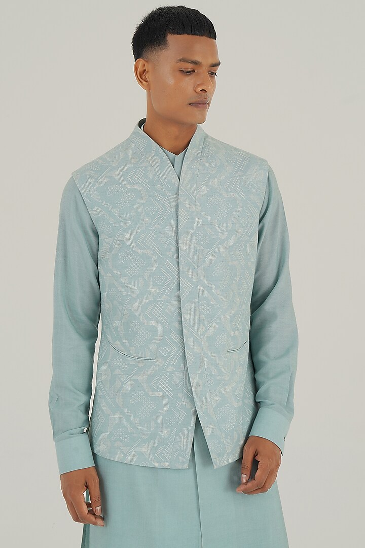 Powder Blue Silk Criss-Cross Printed Nehru Jacket by Dhruv Vaish at Pernia's Pop Up Shop