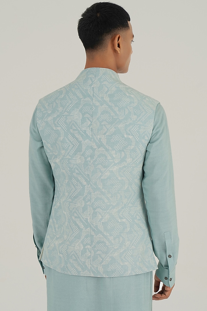 Powder Blue Silk Criss-Cross Printed Nehru Jacket by Dhruv Vaish at Pernia's Pop Up Shop
