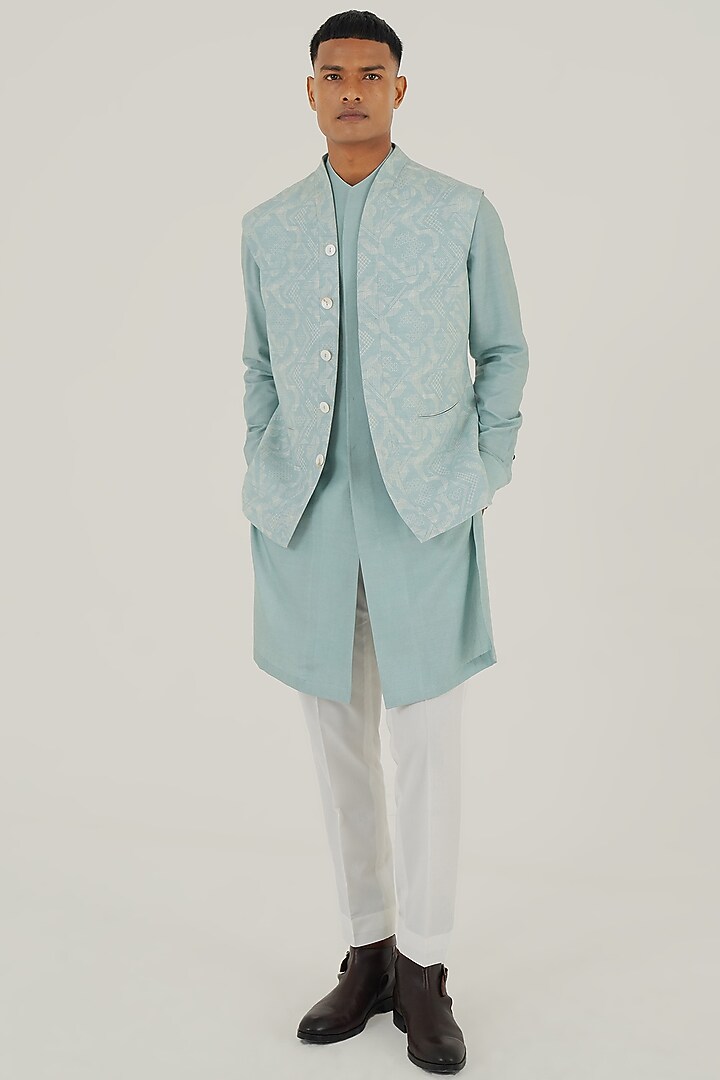 Powder Blue Silk Criss-Cross Printed Nehru Jacket by Dhruv Vaish at Pernia's Pop Up Shop