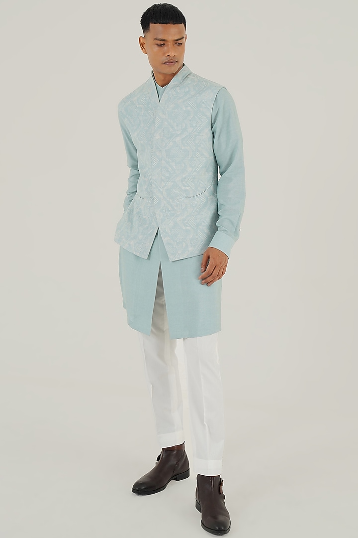 Powder Blue Silk Criss-Cross Printed Nehru Jacket by Dhruv Vaish at Pernia's Pop Up Shop