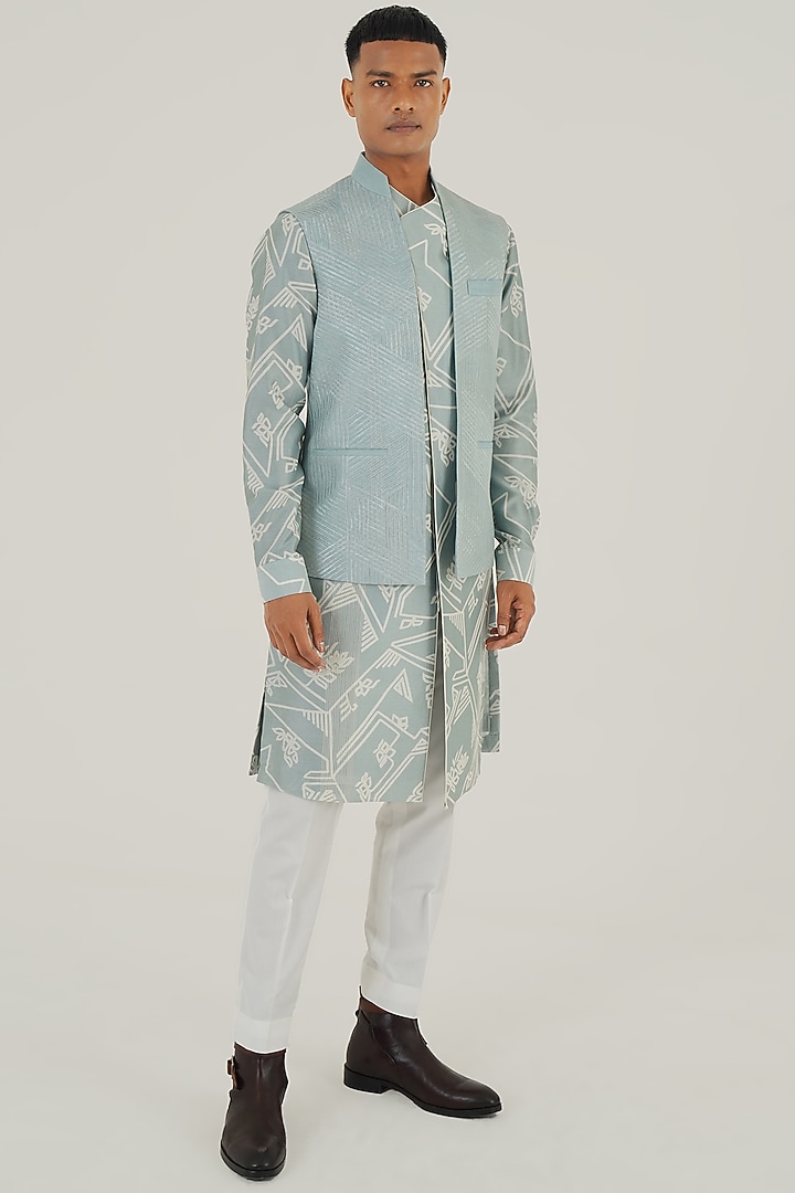 Powder Blue Silk Tonal Lace Embroidered Nehru Jacket by Dhruv Vaish at Pernia's Pop Up Shop