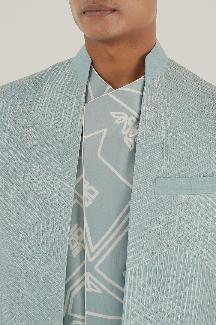 Powder Blue Silk Tonal Lace Embroidered Nehru Jacket by Dhruv Vaish at Pernia's Pop Up Shop