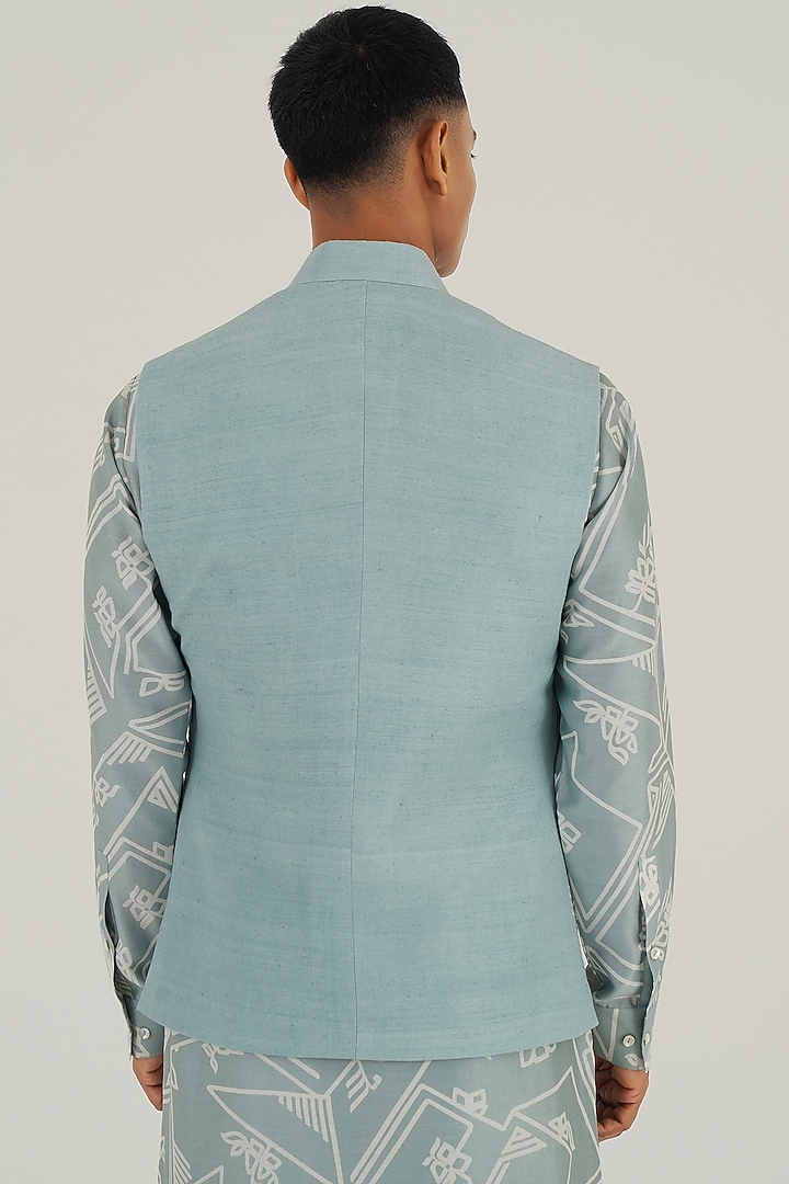 Powder Blue Silk Tonal Lace Embroidered Nehru Jacket by Dhruv Vaish at Pernia's Pop Up Shop