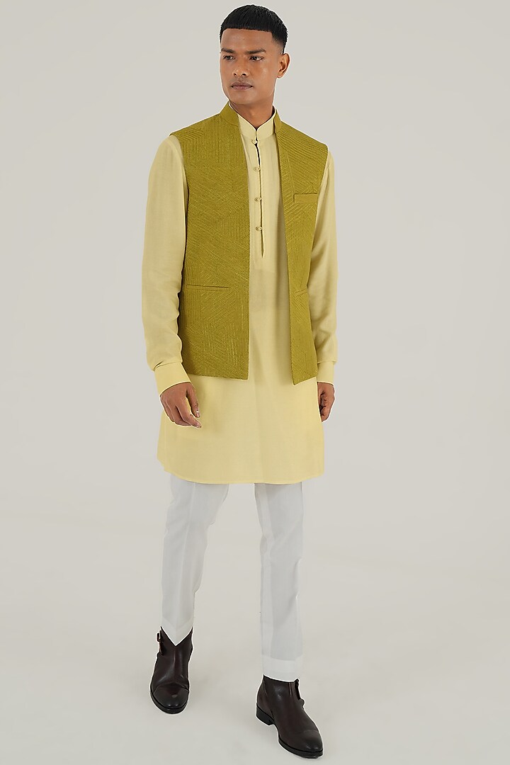 Wasabi-Colored Silk Tonal Lace Embroidered Nehru Jacket by Dhruv Vaish