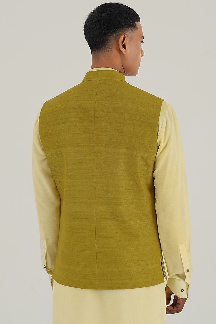 Wasabi-Colored Silk Tonal Lace Embroidered Nehru Jacket by Dhruv Vaish at Pernia's Pop Up Shop