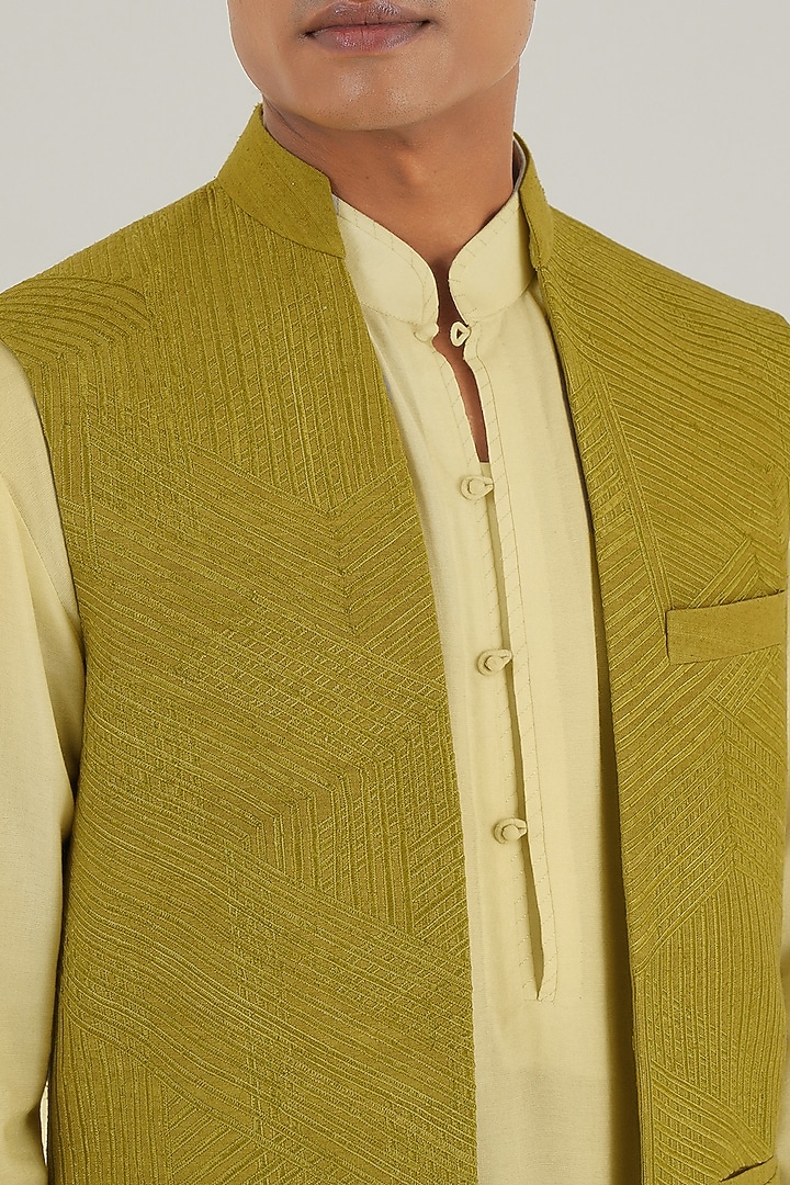 Wasabi-Colored Silk Tonal Lace Embroidered Nehru Jacket by Dhruv Vaish at Pernia's Pop Up Shop