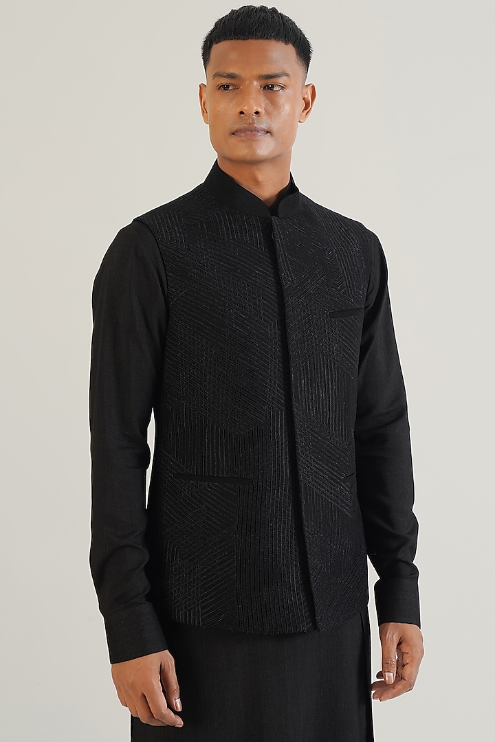 Black Silk Tonal Lace Embroidered Nehru Jacket by Dhruv Vaish at Pernia's Pop Up Shop