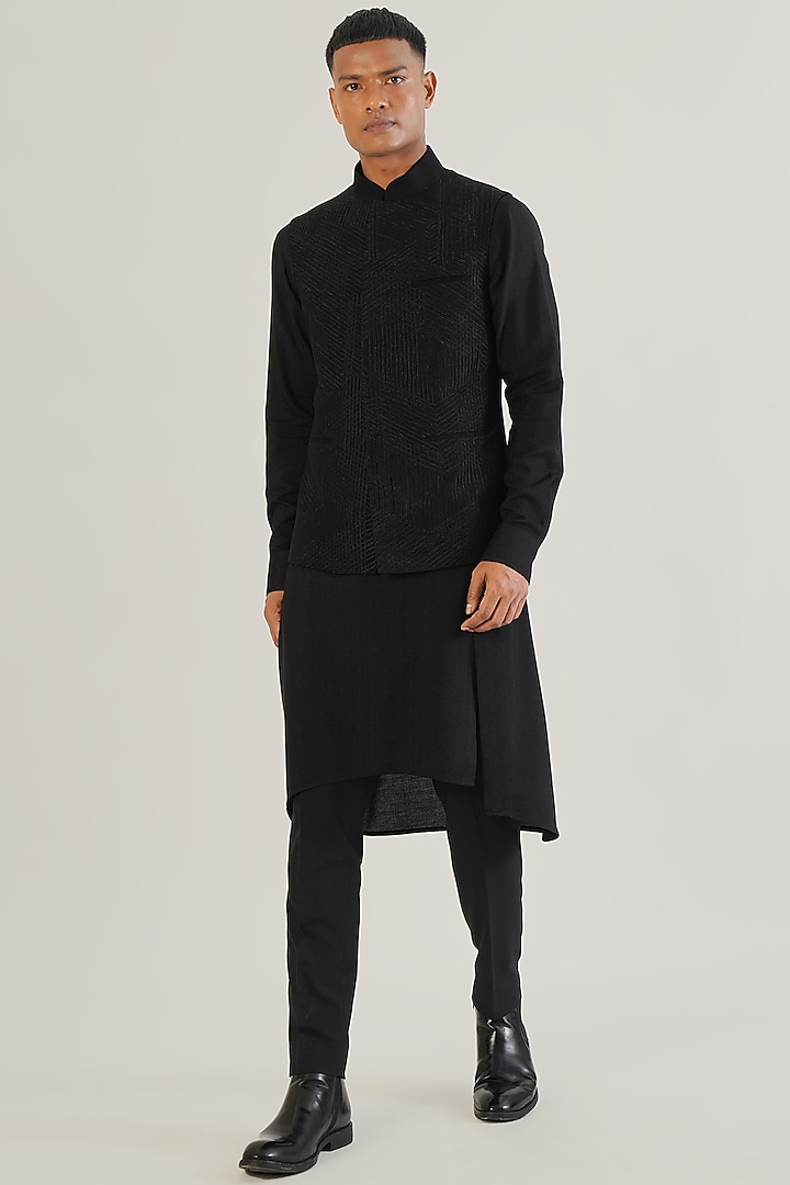Black Silk Tonal Lace Embroidered Nehru Jacket by Dhruv Vaish at Pernia's Pop Up Shop