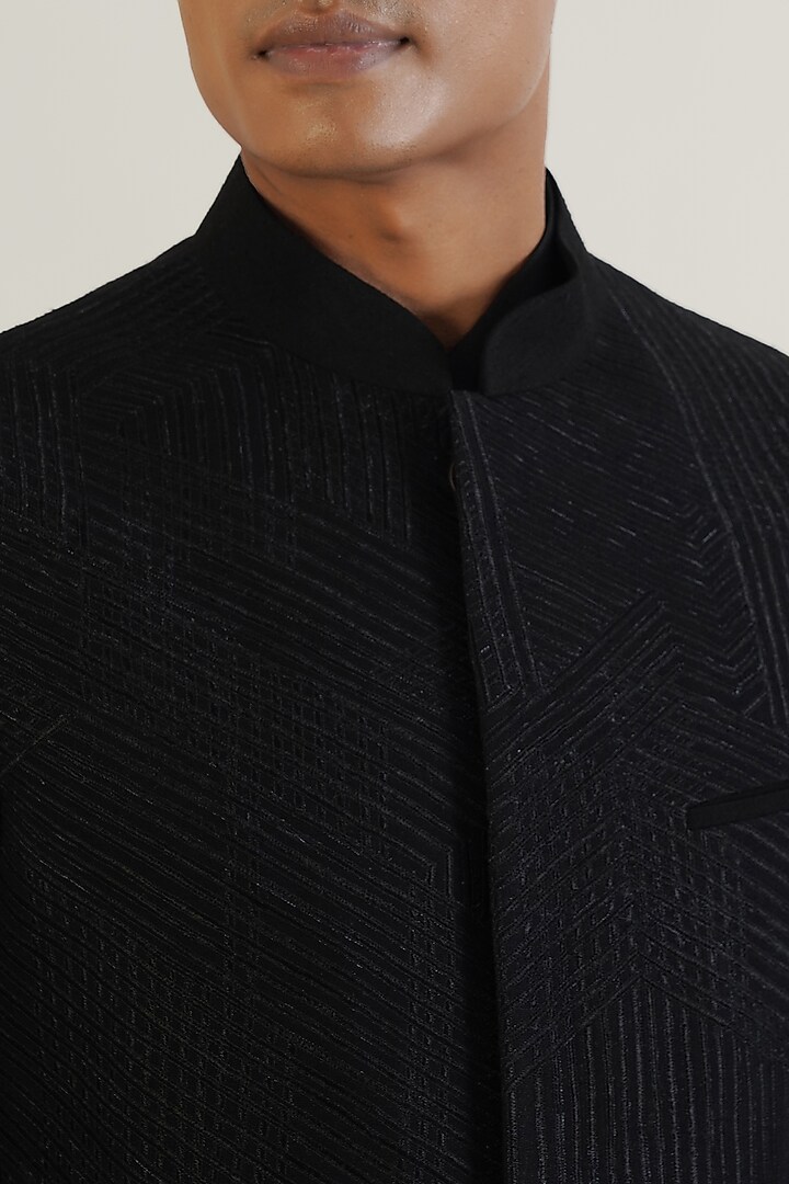 Black Silk Tonal Lace Embroidered Nehru Jacket by Dhruv Vaish at Pernia's Pop Up Shop