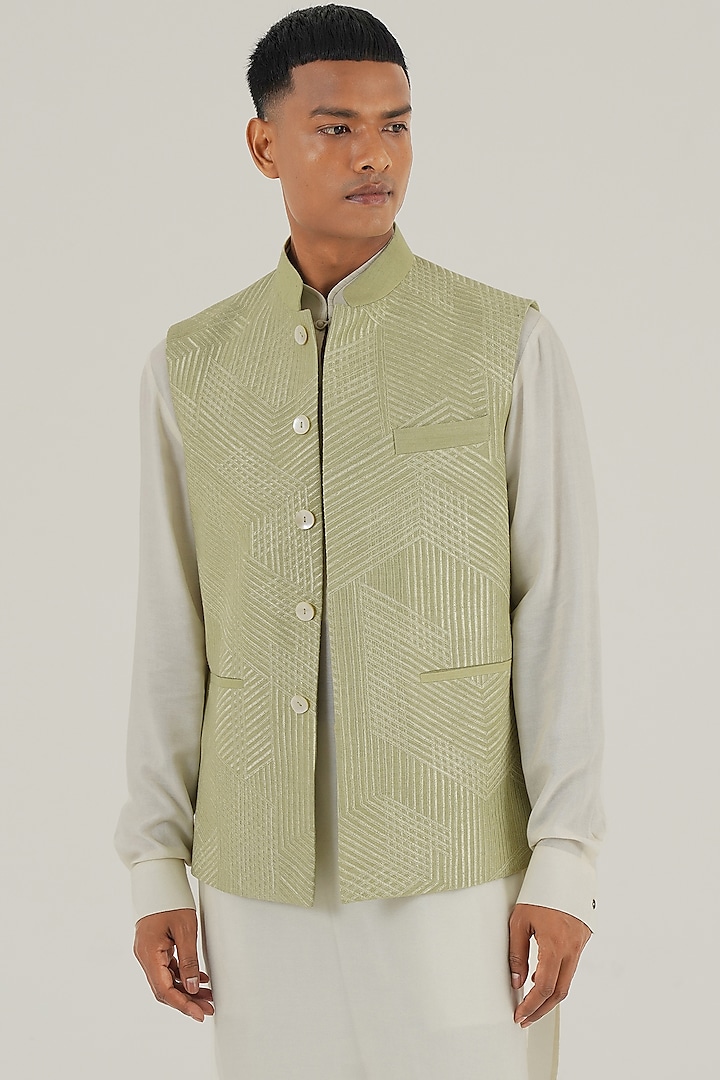 Pale Mint Silk Tonal Lace Embroidered Nehru Jacket by Dhruv Vaish