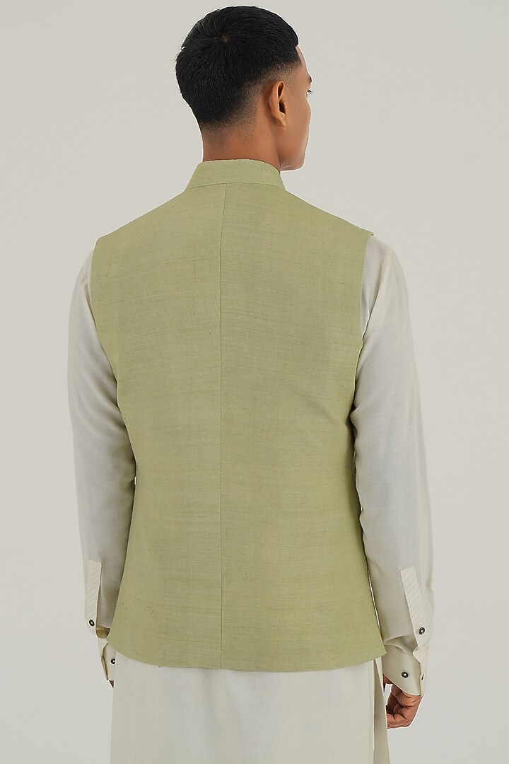 Pale Mint Silk Tonal Lace Embroidered Nehru Jacket by Dhruv Vaish at Pernia's Pop Up Shop