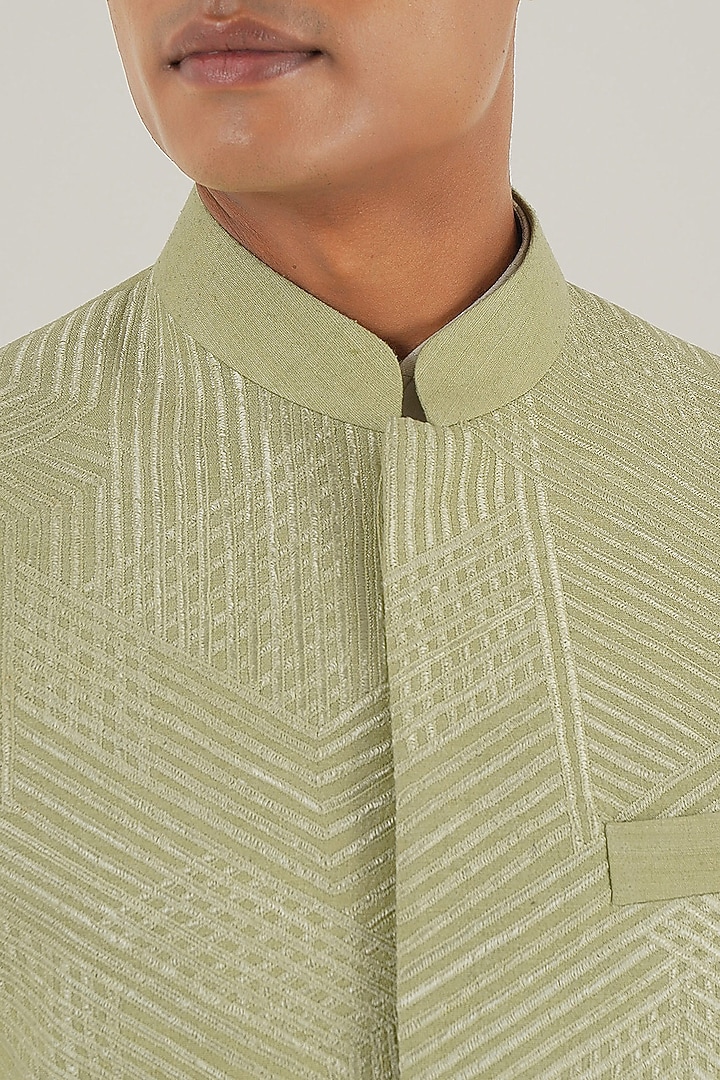 Pale Mint Silk Tonal Lace Embroidered Nehru Jacket by Dhruv Vaish at Pernia's Pop Up Shop