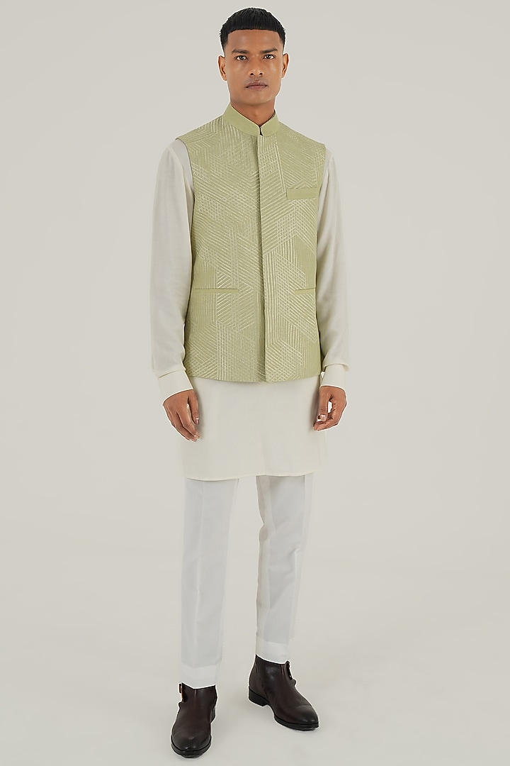 Pale Mint Silk Tonal Lace Embroidered Nehru Jacket by Dhruv Vaish at Pernia's Pop Up Shop