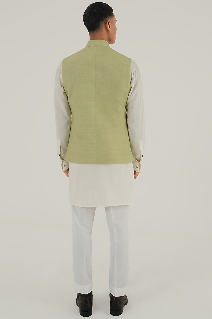 Pale Mint Silk Tonal Lace Embroidered Nehru Jacket by Dhruv Vaish at Pernia's Pop Up Shop